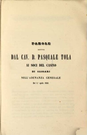 Parole dette dal Cav. D. Pasquale Tola ai soci del Casino di Sassari Nell'Adunanza Generale Del 1. aprile 1848