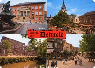 Postkarte. Grüße aus Detmold. Rathaus, Palais, Langestraße, Markt und Kirche