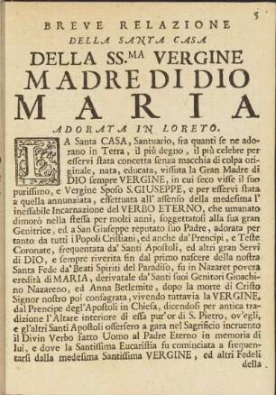 Breve Relazione della Santa Casa Della SS.ma Vergine Madre Di Dio Maria