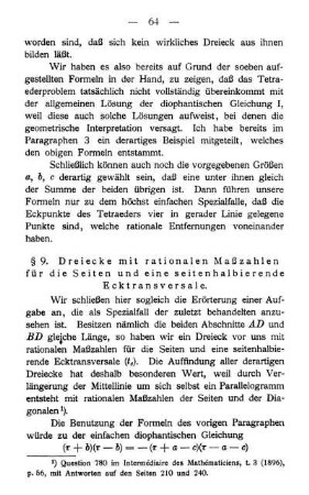 § 9. Dreiecke mit rationalen Maßzahlen für die Seiten und eine seitenhalbierende Ecktransversale