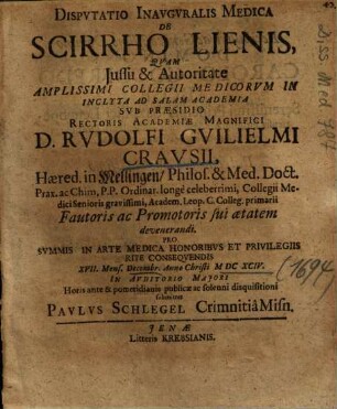Dispvtatio Inavgvralis Medica De Scirrho Lienis