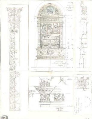 Lange, Ludwig; Lange - Archiv: VIII.5 Grabdenkmäler (Renaissance / Barock) - u. a. Grabmal des Tartagni in S. Domencio in Bologna (Ansicht, Details, Schnitt)
