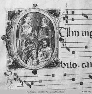 Textseite mit vierzeiligen Neumen und einer historisierten Initiale (I): Dominikus - Sequentiae et hymni