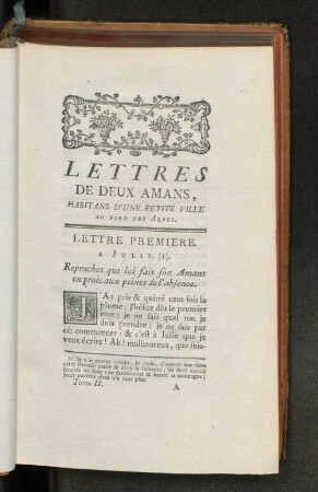 Lettres De Deux Amans, Habitans D'une petite Ville au pied des Alpes.