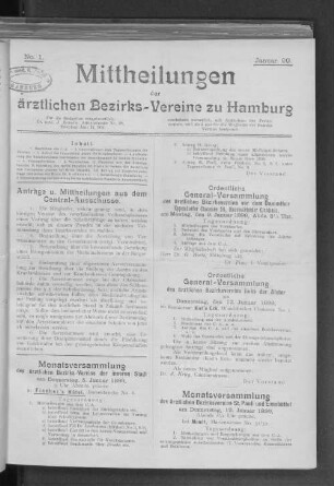 Monatsversammlung des ärztlichen Bezirks-Vereins St. Pauli und Eimsbüttel am Donnerstag, 12. Januar 1899, Abends 81/2 Uhr präcise, bei Mundt, Marienstrasse No. 31/32.