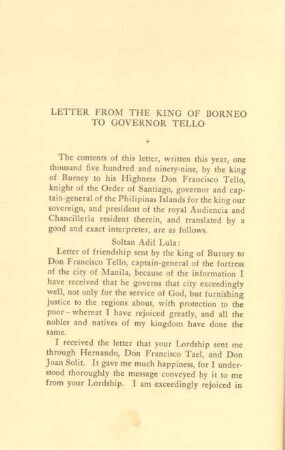 Letter from the king of Borneo to governor Tello