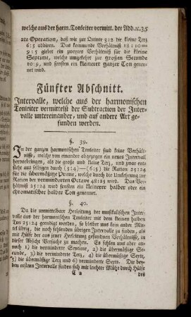 Fünfter Abschnitt. Intervalle, welche aus der harmonischen Tonleiter vermittelst der Subtraction der Intervalle untereinander, und auf andere Art gefunden werden.