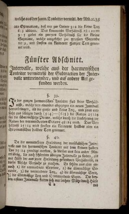 Fünfter Abschnitt. Intervalle, welche aus der harmonischen Tonleiter vermittelst der Subtraction der Intervalle untereinander, und auf andere Art gefunden werden.