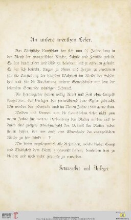 An unsere werthen Leser