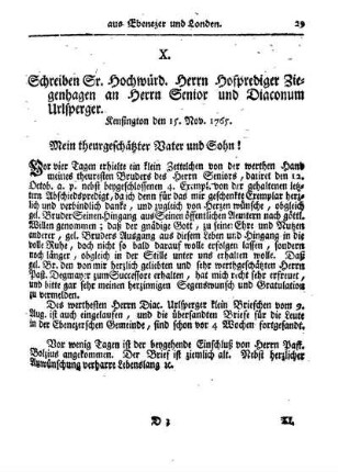 X. Schreiben Sr. Hochwürd. Herrn Hofprediger Ziegenhagen an Herrn Senior und Diacorum Urlsperger.