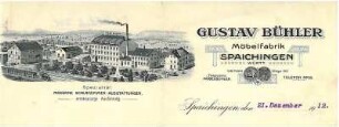 Briefbogen der Möbelfabrik Gustav Bühler, Spaichingen (mit Firmenansicht) mit Zeugnis für Karl Gessinger