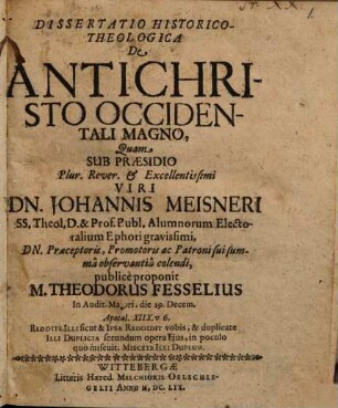 Dissertatio Historico-Theologica De Antichristo Occidentali Magno
