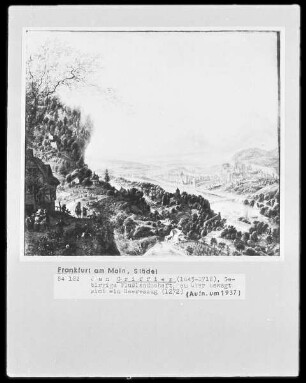 Gebirgige Flußlandschaft; am Ufer bewegt sich ein Heereszug