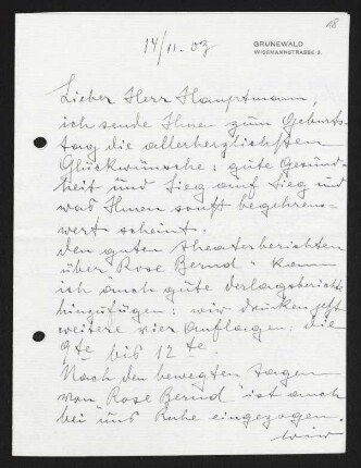 Brief von Samuel Fischer, Hedwig Fischer und Gerhart Fischer an Gerhart Hauptmann