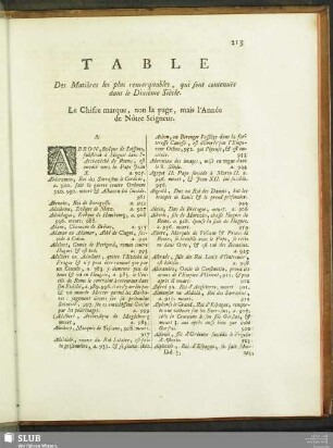 Table Des matieres les plus remarquables, qui sont continues dans le Dixieme Siecle