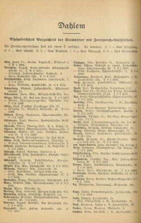 Dahlem. Alphabetisches Verzeichnis der Einwohner mit Fernsprech-Anschlüssen