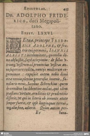 Dn. Adolpho Friderico, duci Megapolitano. Epist. LXXVI.