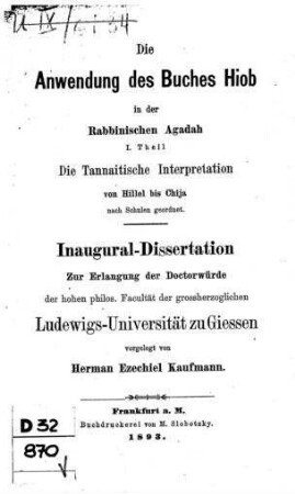 Die Tannaitische Interperetation von Hillel bis Chija : nach Schulen geordnet / vorgel. von Hermann Ezechiel Kaufmann