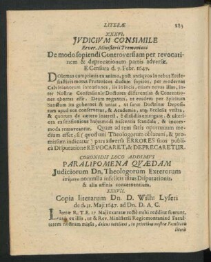 Literae Exterorum Theologorum. XXXVII. - XLV.
