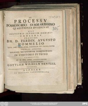 De Processv Possessorio Svmmariissimo Qvaestiones Dvodenae