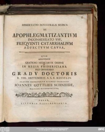 Dissertatio Inavgvralis Medica De Apophlegmatizantivm Inconsiderato Vsv, Freqventi Catarrhalivm Adfectvvm Cavsa