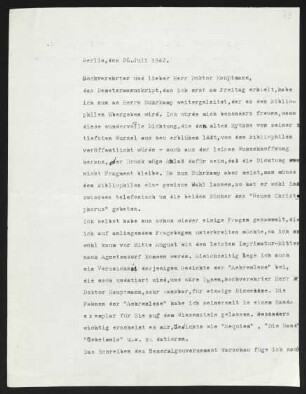 Brief von Carl F. W. Behl an Gerhart Hauptmann