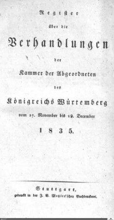 1,8: Landtag Württemberg - Kammer 2, Register 1835