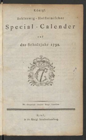 1792: Königl. Schleswig-Holsteinischer Special-Calender