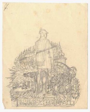 Exlibris-Studie für Freiherr von Perfall : Übergroße Jägerfigur vor Landschaft, darunter Namensschriftzug