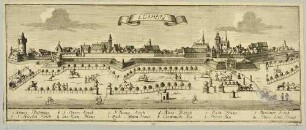 Stadtansicht von Leipzig mit Stadtbefestigung vom Rossmarkt im Südosten von der Pleißenburg links bis zum Grimmaischen Tor rechts, aus Merians Theatrum Europaeum?
