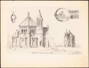 Romanische Kirchhofkapelle: Grundriss, Perspektivische Ansicht, Ansichten (aus: Drucke von Seminararbeiten der Königlich Technischen Hochschule Berlin, Bd. I)