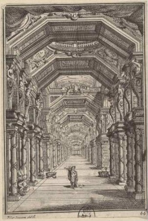 Bühnenbild für die Oper „Teodosio il Giovane“ von Filippo Amadei im Teatro Ottoboni des Palazzo della Cancelleria in Rom im Jahr 1711 (Akt 2, Szene 11: Teodosio in seiner Bibliothek)
