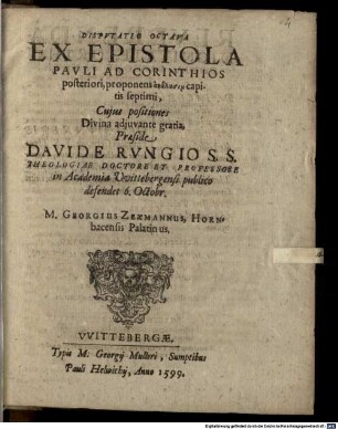 Disputatio octava ex epistola Pauli ad Corinthios posteriori, proponens analysin capitis septimi