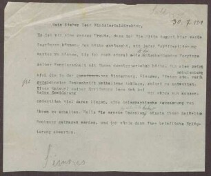 Schreiben von Prinz Max von Baden an Walter Simons; Notwendigkeit einer Erklärung um einer Anklage durch Paul von Hindenburg zuvorzukommen