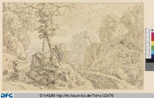 Gebirgslandschaft mit Frau und Hund