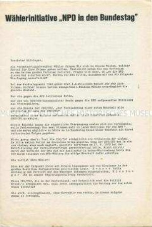Hektografiertes Rundschreiben der NPD zur Bundestagswahl 1969