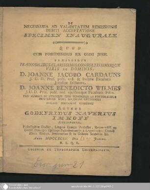 De Necessaria Ad Validitatem Remissionis Debiti Acceptatione Specimen Inaugurale