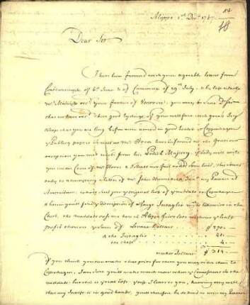 7) N. van Maseyk an Niebuhr, Aleppo, 5. Dezember 1767, das in Nr. 6 erwähnte Begleitschreiben zur Medaillensammlung, die Niebuhr nach Möglichkeit in Kopenhagen verkaufen soll