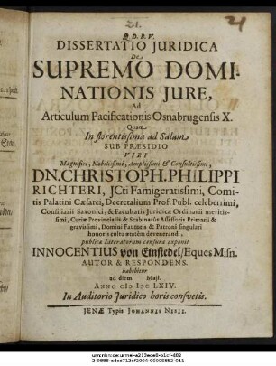 Dissertatio Iuridica De Supremo Dominationis Iure : Ad Articulum Pacificationis Osnabrugensis X.