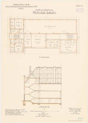 Kaserne des Garde-Kürassier-Regiments und des Königin-Augusta-Garde-Grenadier-Regiments Nr. 4, Berlin: Garde-Cürassier-Regiment, Wirtschaftsgebäude I: Grundriss 1. Obergeschoss, Längsschnitt 1:100