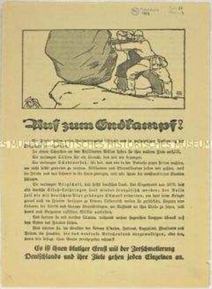 Flugblatt zur Mobilisierung der Kriegsgesellschaft und Beschwörung des Burgfriedens