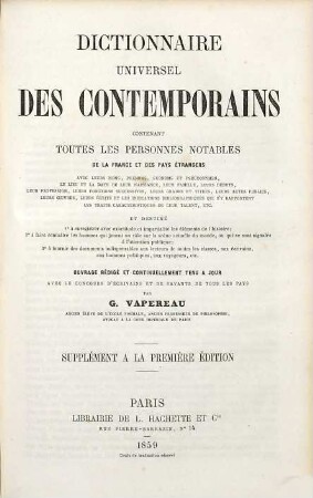 Dictionnaire universel des contemporains : contenant toutes les personnes notables de la France et des pays étrangers, Supplement