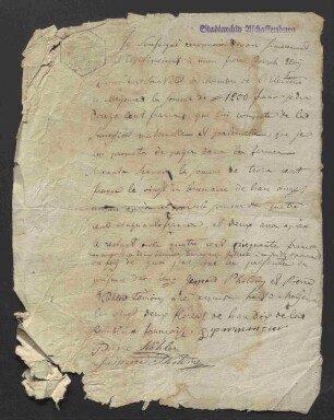 Peter (Pierre) Köhler und Kasar (Gaspard) Philding bekunden am 2. Floreal im zehnten Jahr der französischen Republik (22. April 1802), eine Schuld über 1200 Francs (französisch)