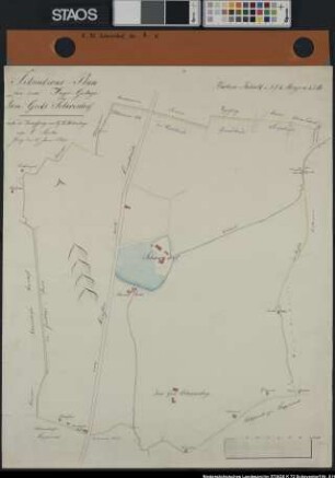 "Situationsplan von dem Jagdgehege des Dom.-Guts Scheventorf" Gutslage Scheventorf und Schleppenburg, Wege, Gewässer Ausf.-Art: Farbige Zeichnung, Kopie Herst.: C. Sticke, G. H. Hollenberg Format: 68 x 56 cm Maßstab: ca. 1 : 2350