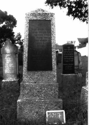 Grabstein 1017 (Index: 100103998) Material: Granit Zustand: gut erhalten Maße HxBxT: 175x45x20 cm Beschreibung: obeliskenartige Stele auf getrepptem Sockel, eingelassene hochrechteckige Schrifttafel: Grabstein 1017