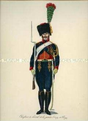 Uniformdarstellung, Gemeiner des Jäger-Regiments zu Pferde der Kaiserlichen Garde, Frankreich, 1810. Tafel 6 aus: Les Gardes Imperiales et Royales de l'Armée Française.