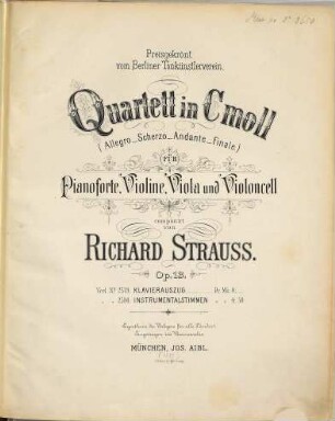 Quartett : in c-Moll (Allegro, Scherzo, Andante, Finale) ; für Pianoforte, Violine, Viola u. Violoncell comp. ; op. 13