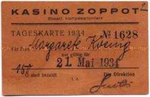 Namentlich ausgestellte Tageskarte für das Kasino in Zoppot - Familienkonvolut