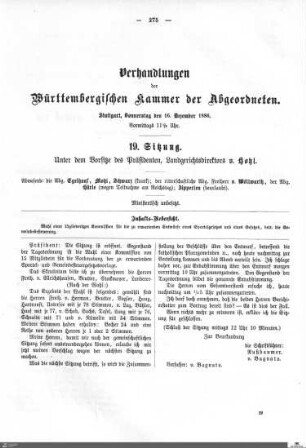19. Sitzung, Stuttgart, 16.12.1886