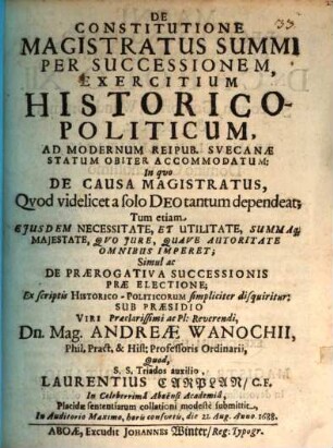 De constitutione magistratus summi per successionem exercitium historico-politicum